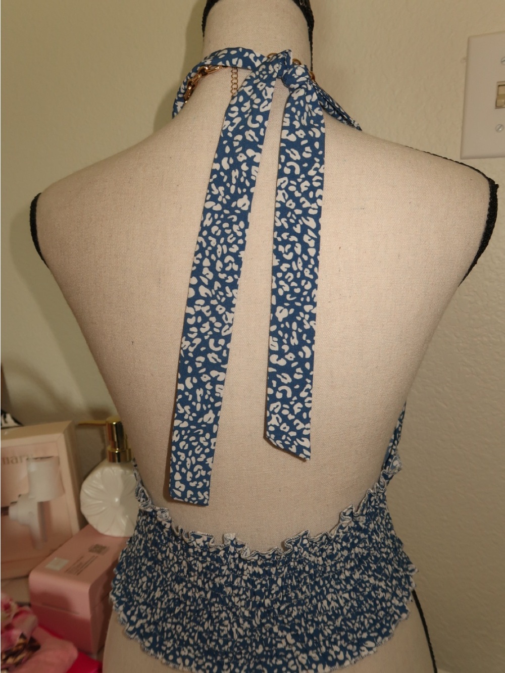 SHEIN Blue and White Halter Smocked Waist Cami - Picture 4 of 5